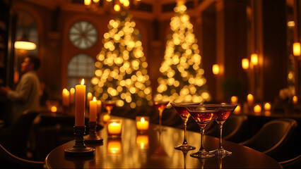 Festive Christmas atmosphere with decorated trees, candles, and cocktails in a cozy bar setting, capturing holiday spirit and ambiance. New Year and Christmas party