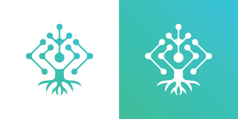 A dual-meaning logo combining a tree silhouette with digital connection nodes, symbolizing sustainable growth, technology integration, and modern eco-innovation