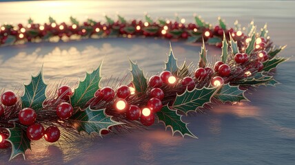 Holly leaves and red berries form a festive wreath illuminated by glowing lights