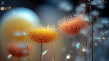 Dandelion seed heads glow with otherworldly color and refracted light create a magical composition