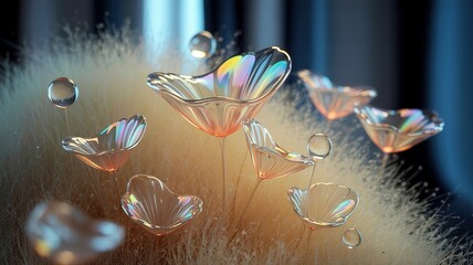 Luminous clear flowerlike shapes float above soft wheatcolored grass in a surrealistic, dreamy scene