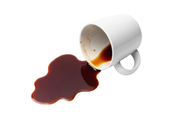 transparent ceramic coffee mug on its side with spilled dark brown coffee liquid, on a transparent background with copy space, clean studio lighting, no shadows, high-contrast commercial product