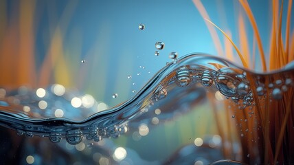 Clear water elegantly crests, showcasing bubbles alongside submerged, vibrant orange plant strands in detail