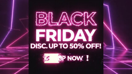Neon pink black friday sale promotion banner with retro synthwave grid background - Powered by Adobe