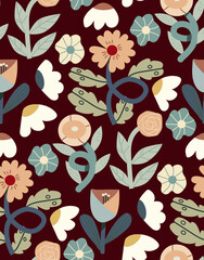 Modern flowers seamless dark pattern