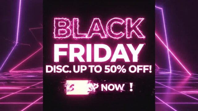 Neon pink black friday sale promotion banner with retro synthwave grid background - Powered by Adobe