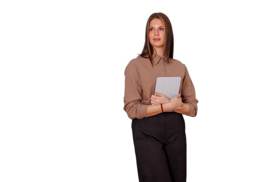 Professional woman holding modern tablet, looking away for a professional and technological concept, transparent background