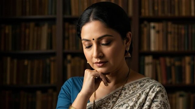 Thoughtful woman in traditional attire reflecting in a library setting