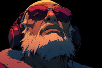 Senior man with headphones and sunglasses, bold colorful portrait of a modern music lover