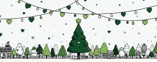 Simple line drawing of a Christmas tree with gifts and green hearts for festive celebration