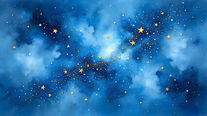 Abstract swirling blue watercolor galaxy with shimmering golden stars and nebulae