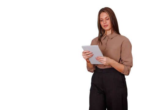 Businesswoman looking at digital tablet, using touch screen technology for work, networking, and corporate communication on transparent background - Powered by Adobe