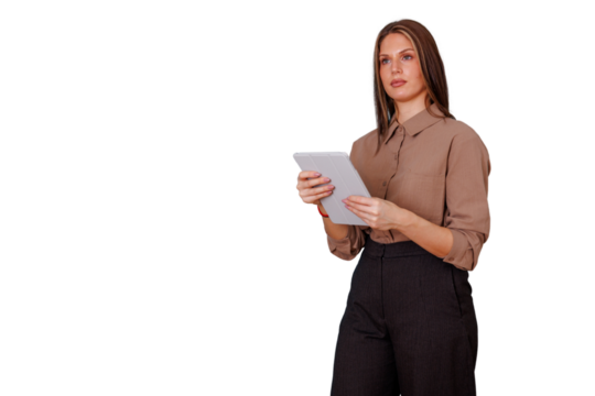 Confident businesswoman standing and holding tablet, looking up, professional corporate executive using technology on transparent background - Powered by Adobe