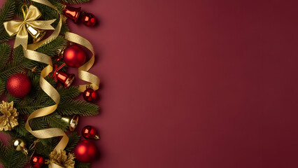 Elegant Christmas background with red baubles and gold ribbon decorations