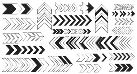 Collection of diverse arrow designs in dark gray against a black background offering a variety of directional and decorative elements