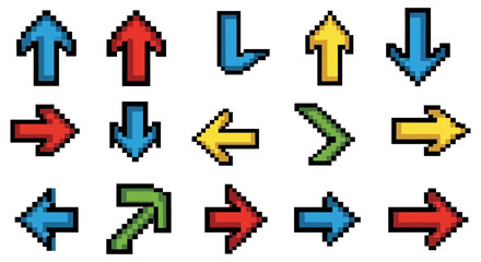 Collection of pixel art arrows pointing in various directions on a black background for games and graphic design projects and user interfaces