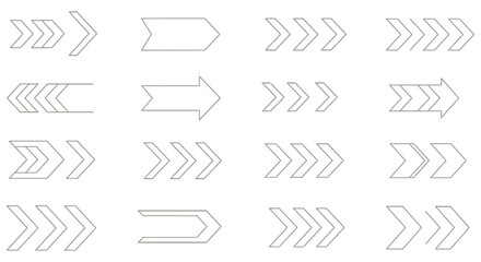 Collection of sixteen unique arrow designs pointing right on a black background for graphic design and wayfinding applications perfectly