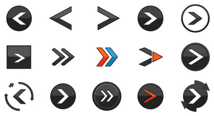 Collection of directional arrow icons in various styles and shapes for web design and user interface elements with a modern and sleek aesthetic
