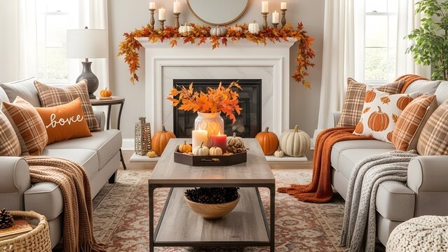 Create a cozy autumn home atmosphere with warm throws and pumpkin accents  zoom background