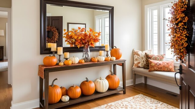 Create inviting autumn atmosphere with pumpkins and fall decor in entryway zoom background - Powered by Adobe