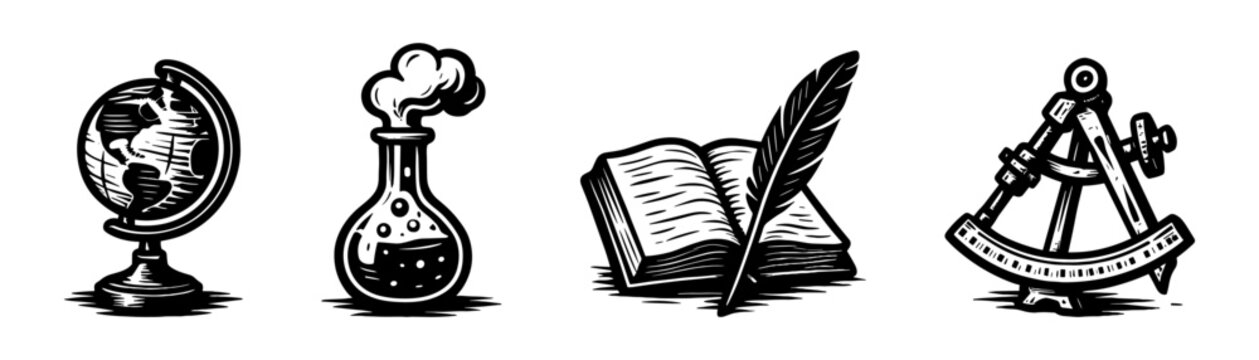 Science and knowledge vintage engraving icons set, chemistry book globe sextant