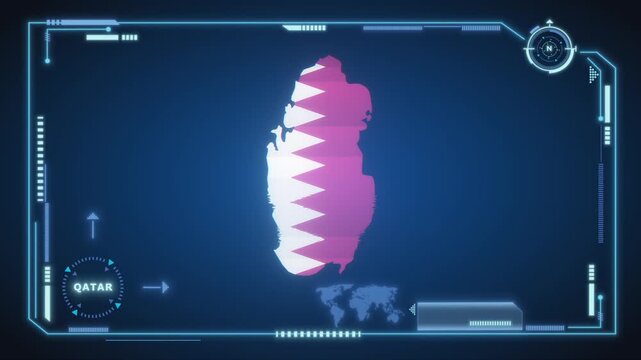 Futuristic Digital Qatar map HUD animation, global network cyber technology, government, Country Map, Politics, Travel, News, and Sports Events.