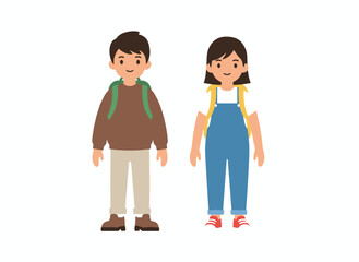 Obraz premium A pair of a boy and a girl, depicted as schoolchildren with backpacks, standing together in a colored flat vector illustration against a white background