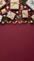 Fototapeta premium Festive Gift Presents Adorned with Ribbon and Ornaments on a Burgundy Background