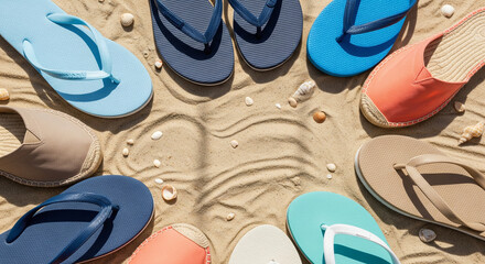 overhead view of various colorful summer beach sandals and flip-flops arranged in a circle on textured golden sand with shells