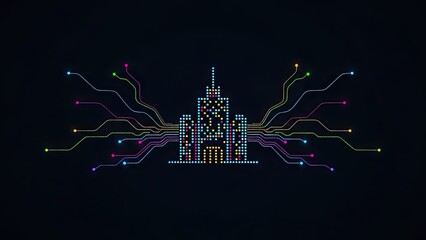 Modern network visualization of a building with vibrant colorful connections radiating outwards, perfect for technology, architecture or city planning themes