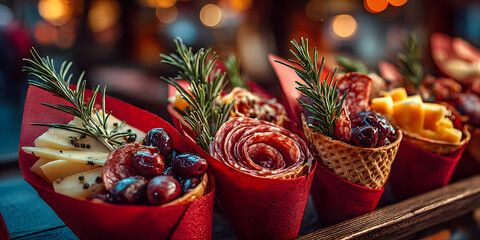 Gourmet charcuterie cones filled with assorted cheeses, olives, cured meats and rosemary sprigs, wrapped in elegant red paper, served at a holiday market.