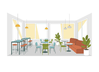 A horizontal flat illustration of a food court in a shopping mall, featuring many seats