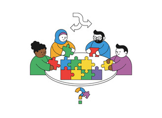 Illustration of teamwork: a business team linking jigsaw puzzle pieces to symbolize corporate partnership, showing people uniting toward a work goal, rendered as a flat vector on a white background