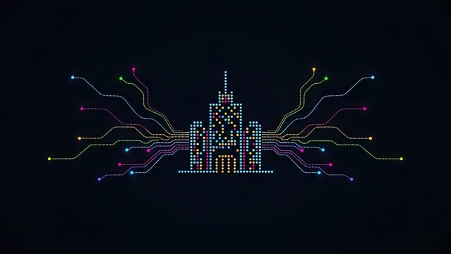 Modern network visualization of a building with vibrant colorful connections radiating outwards, perfect for technology, architecture or city planning themes