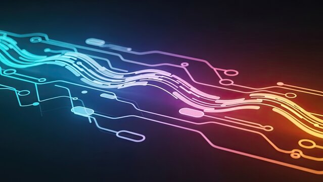Futuristic circuit board design with vibrant neon colors for cutting-edge technology and innovative solutions in modern computing and digital networks
