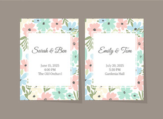 Wedding invitation card designs featuring floral backgrounds, the marriage ceremony and bridal party, engagement templates framed by spring romantic wildflowers, and flat vector illustrations