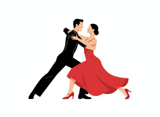 A stylishly dressed boy and girl dance salsa, showcasing a beautiful Latin American routine on stage, depicted in a flat cartoon vector illustration