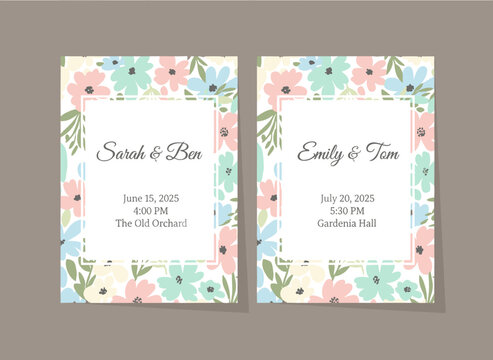 Wedding invitation card designs featuring floral backgrounds, the marriage ceremony and bridal party, engagement templates framed by spring romantic wildflowers, and flat vector illustrations