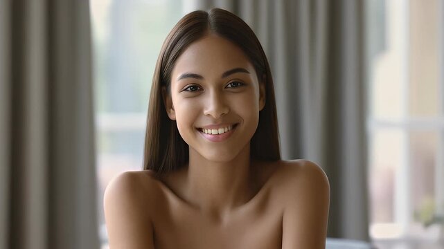 Beautiful young woman smiling at camera with natural makeup and glowing skin, beauty skincare and wellness portrait, fresh face female model.