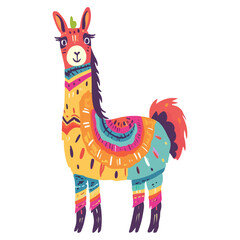 Naklejka premium Cartoon colorful hand drawn funny lama vector flat illustration. Adorable domestic furry animal standing isolated on white background