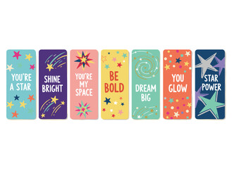 A set of inspirational cards and posters featuring phrases, modern postcard designs adorned with stars and charming motivational words, greetings, and lettering in a trendy doodle style, presented as