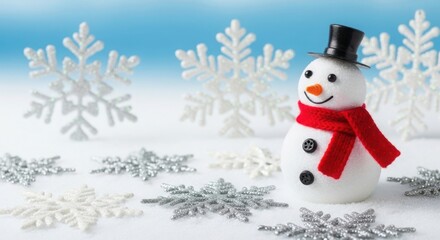 Happy snowman with red scarf and hat among snowflakes