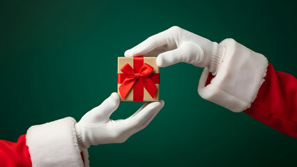 Santa Claus hands exchanging a beautifully wrapped gift, embodying holiday spirit