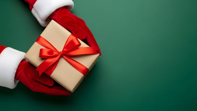 Santa Claus Holding a Gift with a Red Bow on a Green Background