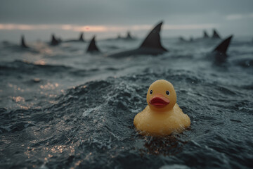 Rubber duck in the water among sharks. Generative AI