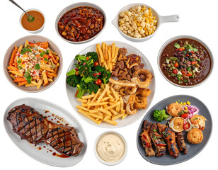 A diverse assortment of dishes including grilled meat, pasta salad, chili, and fried snacks arranged on various plates