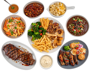 A diverse assortment of dishes including grilled meat, pasta salad, chili, and fried snacks arranged on various plates