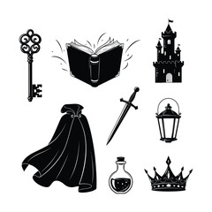 Illustrative storytelling elements Key, book, castle, cape, sword, lantern, potion, and crown &ndash; a collection for creative narratives. Enhancing visual storytelling for various design applications