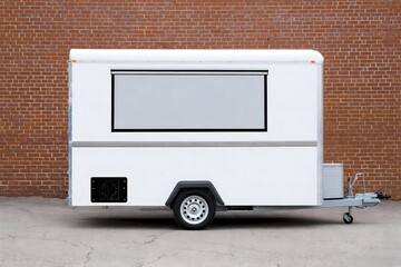 White Utility Trailer Parked Against Brick Wall