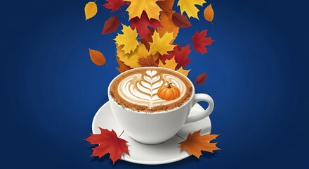Festive fall latte art with pumpkin spice and falling leaves on a dark blue background perfect for autumn celebrations and cozy vibes